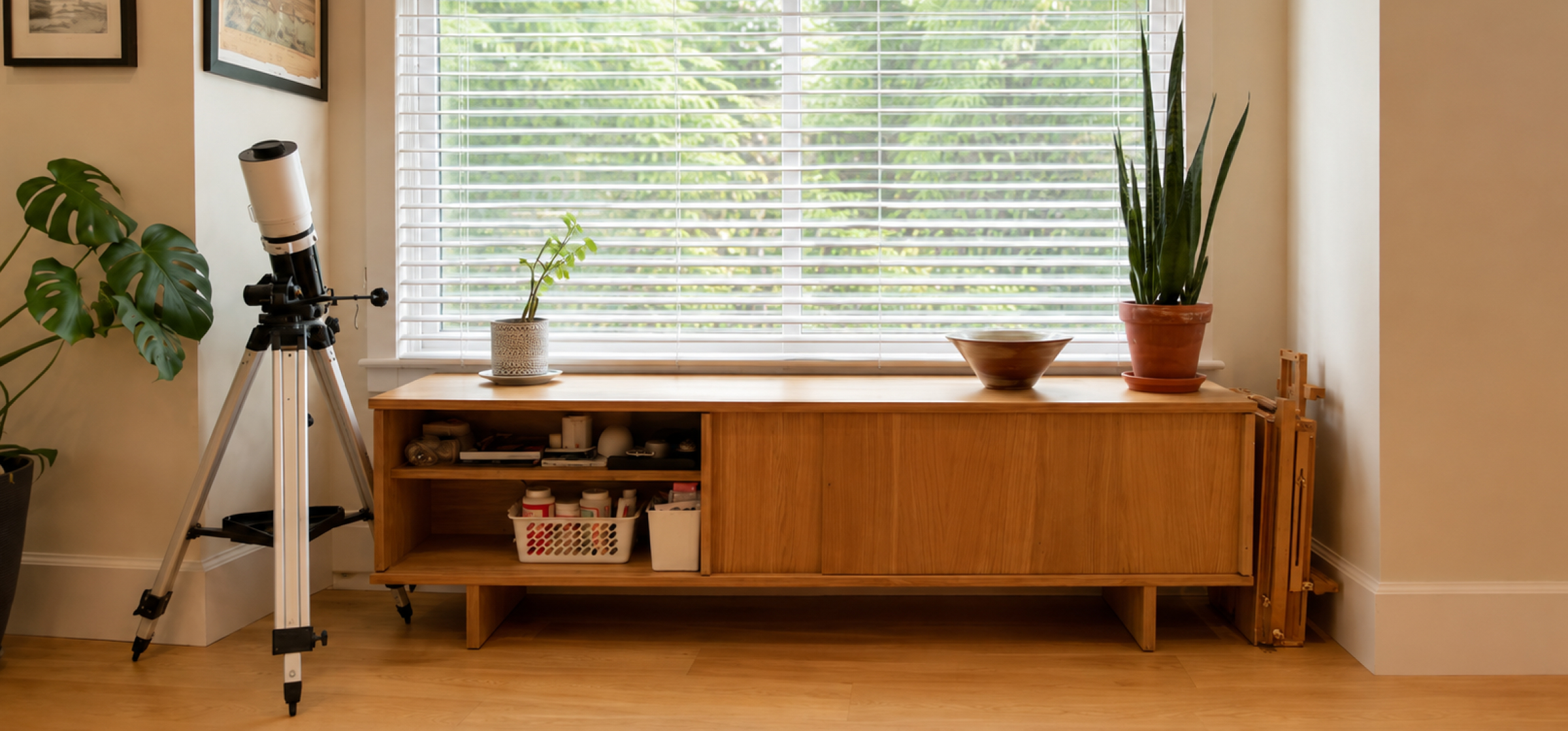A calm, organized living space with warm light
